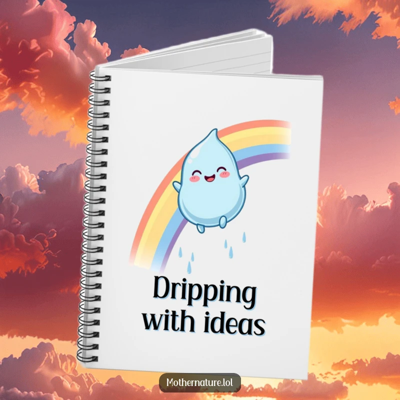 Funny rainbow raindrop notebook with a plump, smiling character sliding down a vibrant arc, for jotting down colorful ideas.