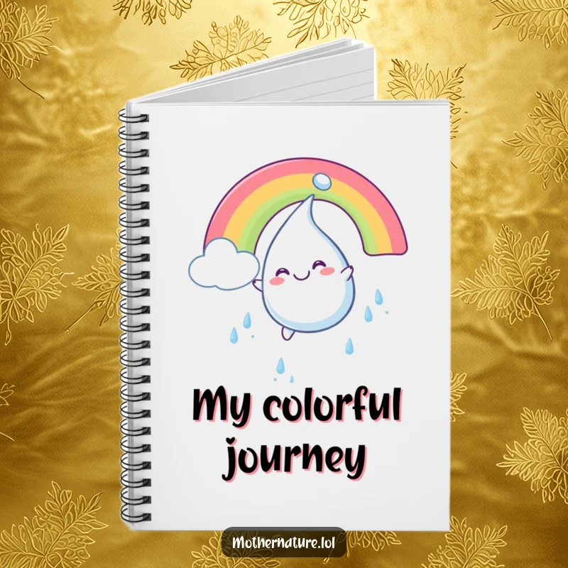 Funny notebook cover with a plump, smiling raindrop character sliding with glee down a bright, colorful rainbow.