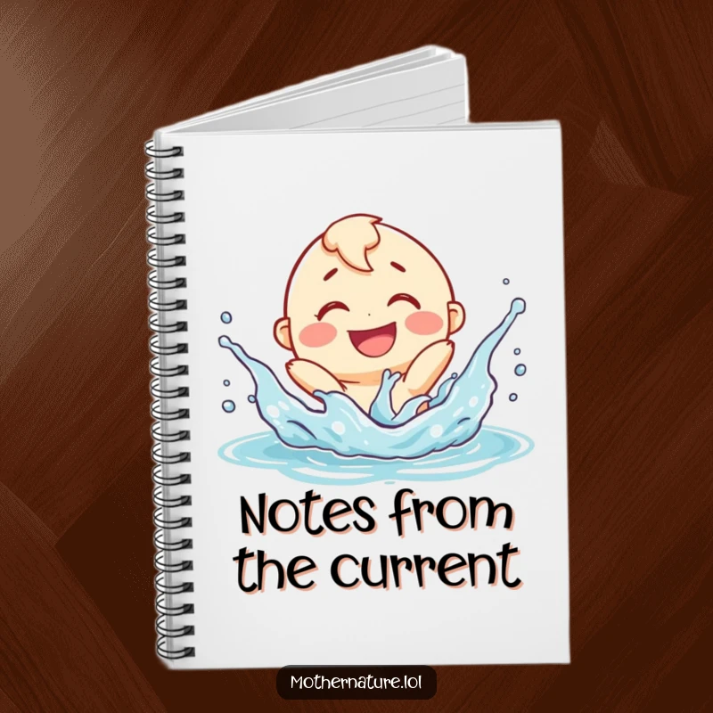 Funny smiling river character notebook, playfully splashing with a delighted expression, ideal for writing and creative notes.