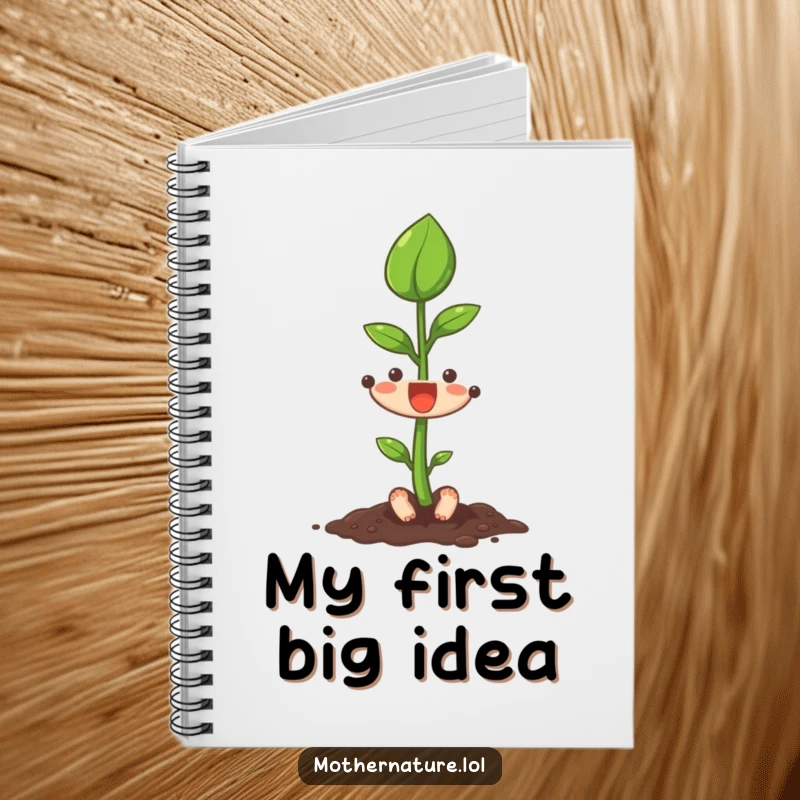 Funny seedling character stretching its first leaf upwards on the cover of a notebook, perfect for capturing ideas.