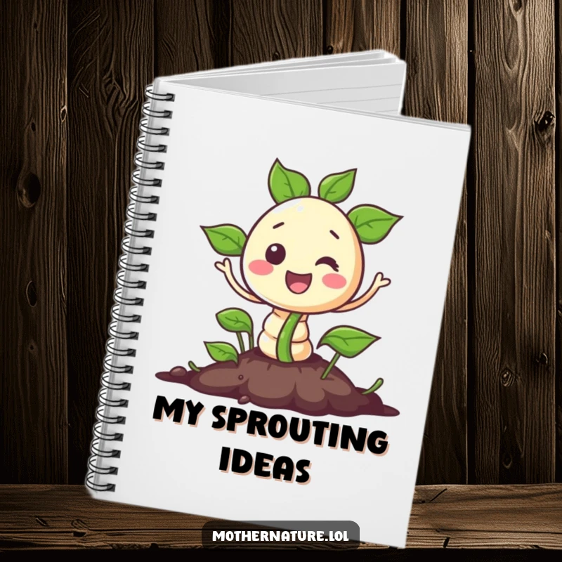 Funny notebook featuring a cheerful seed character sprouting out of the ground. Ideal for garden notes and inspiration.