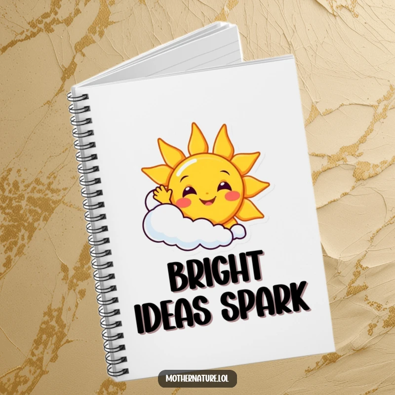 Funny smiling sun character waving enthusiastically from behind a giggling cloud, on the cover of a cute notebook.