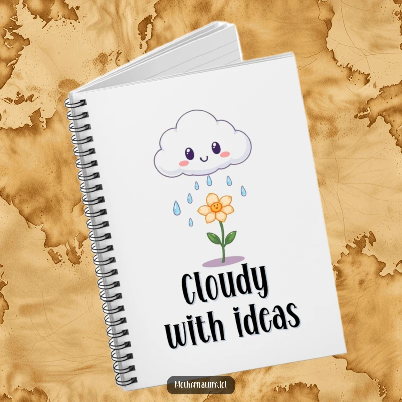 Funny notebook cover with a surprised cloud shedding iridescent raindrops onto a happy flower, ready for gentle notes.