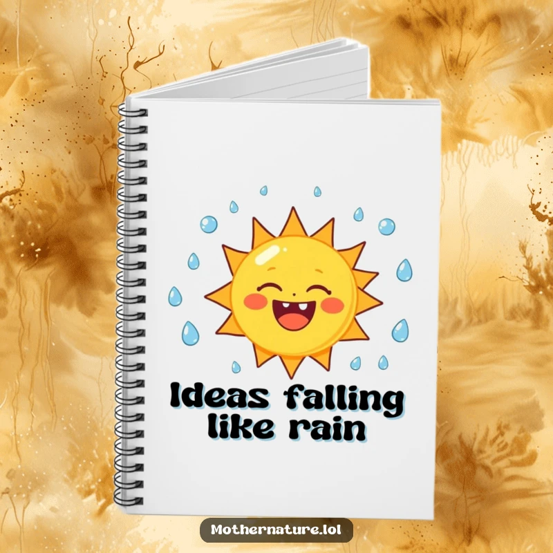 Funny sun character notebook, juggling raindrops with a cheerful smile, ideal for writing, journaling, and creative notes.