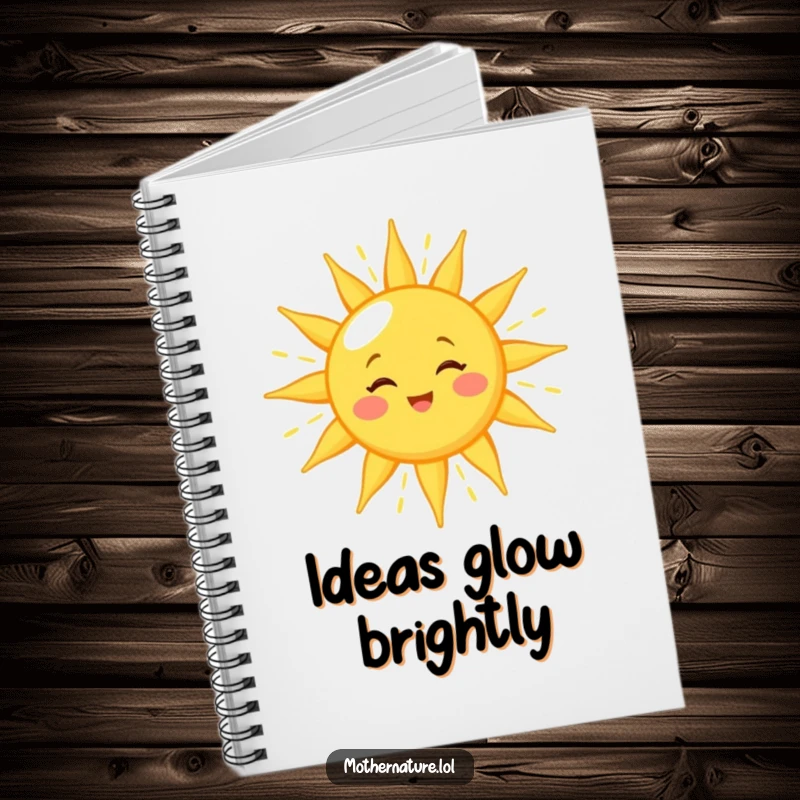 Funny sun notebook with a winking character showering golden light, providing cheerful pages for note-taking and bright ideas inspiration.