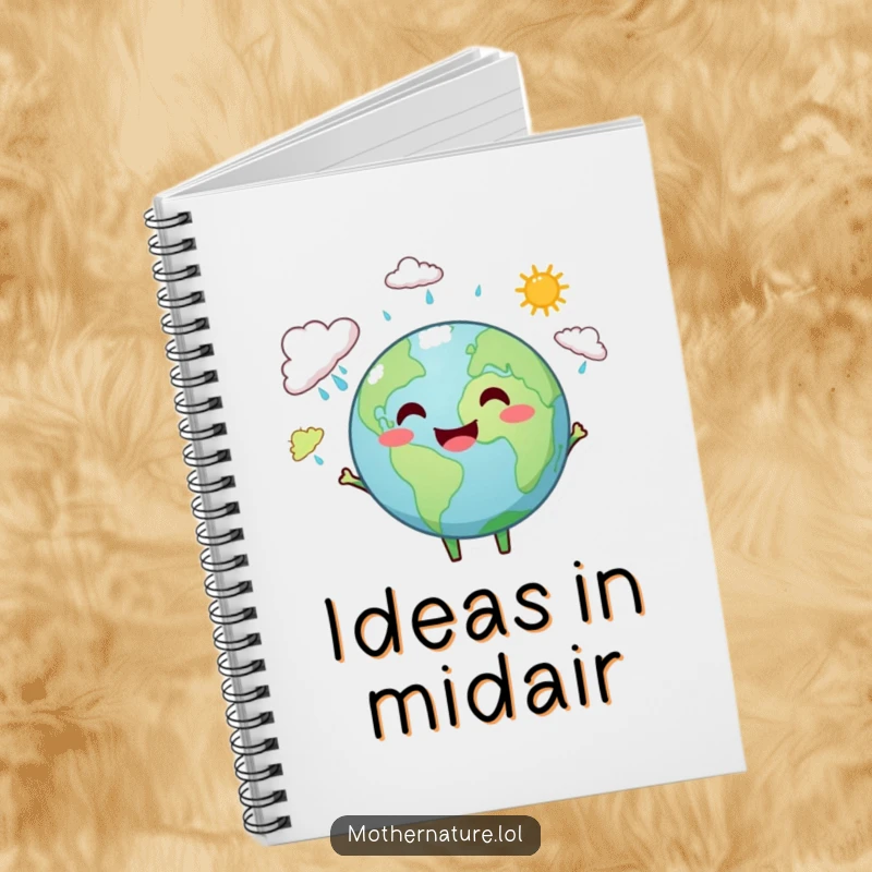 Funny Earth notebook featuring a smiling Earth character juggling small rain clouds and sunshine, ideal for journaling.