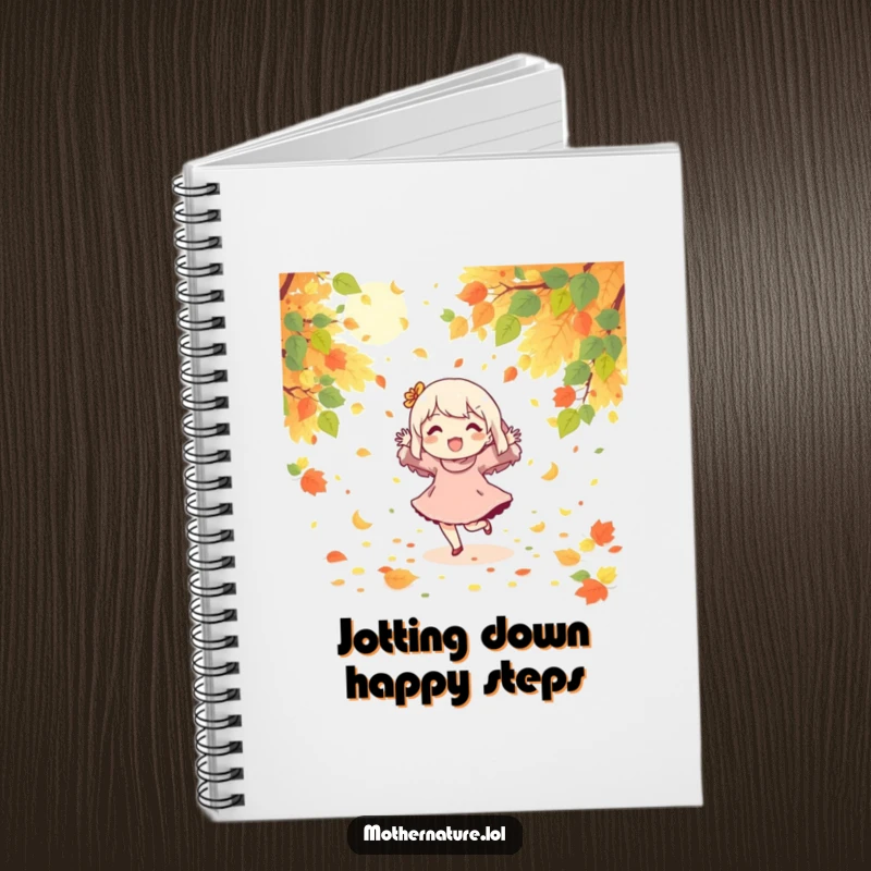 Funny notebook with a character joyfully dancing among falling leaves and sunshine.