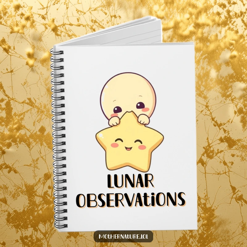 Funny notebook with a curious moon character peeking over a giggling star. Ideal for journaling.