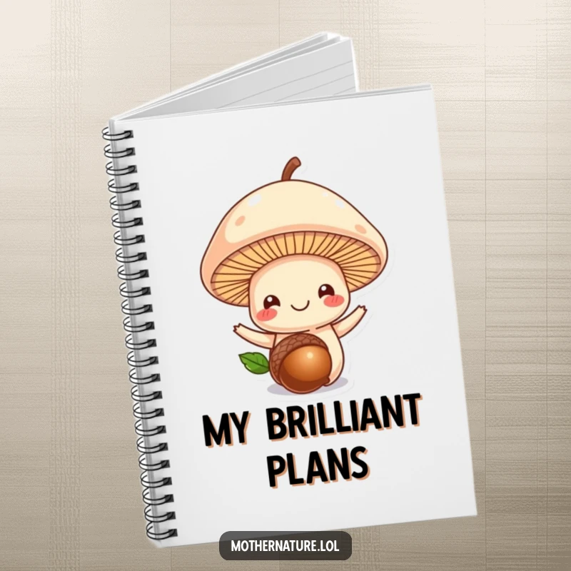 Funny mushroom notebook, smiling mushroom with acorn, for jotting down ideas and notes, whimsical stationery gift.