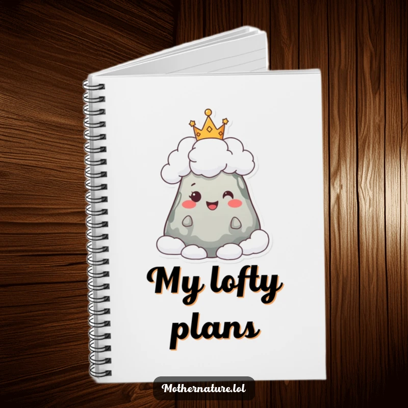 Funny notebook cover featuring a happy mountain character wearing a whimsical crown of fluffy clouds, ideal for capturing grand ideas.