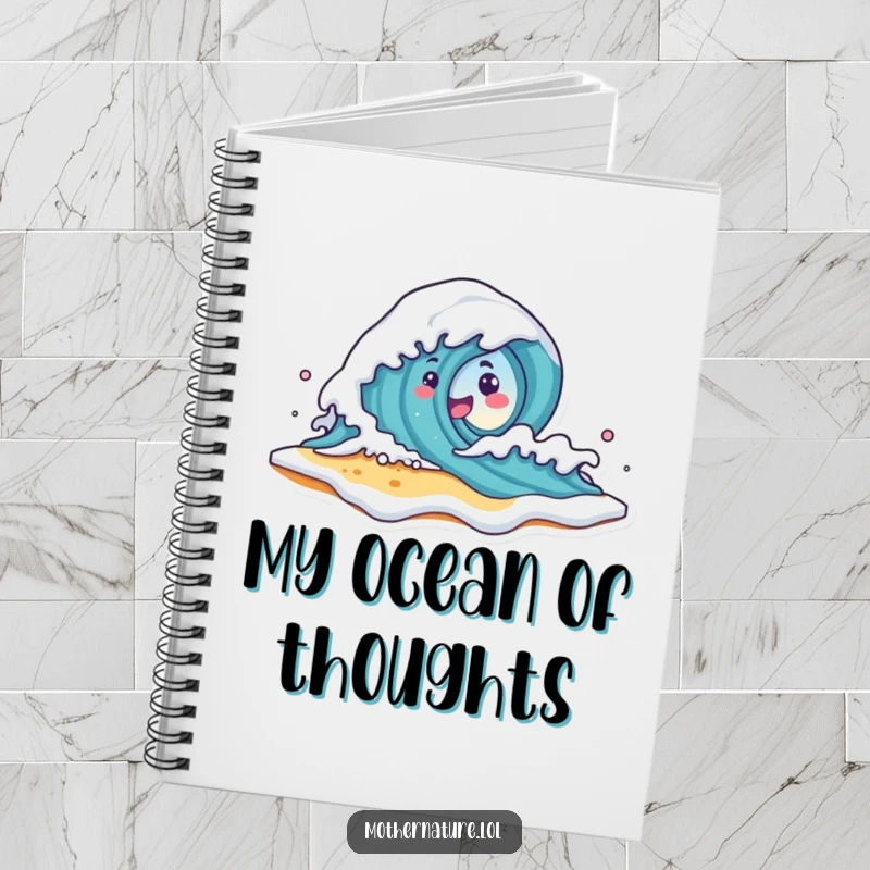 Funny Wave Character Notebook with a cute wave character crashing onto a smiling beach shore with foam, great for journaling beach dreams.