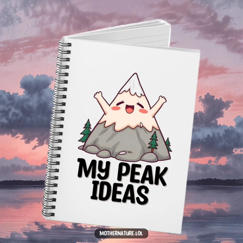 Funny notebook cover with a cute mountain character stretching its peaks upwards in a large, satisfied yawn.