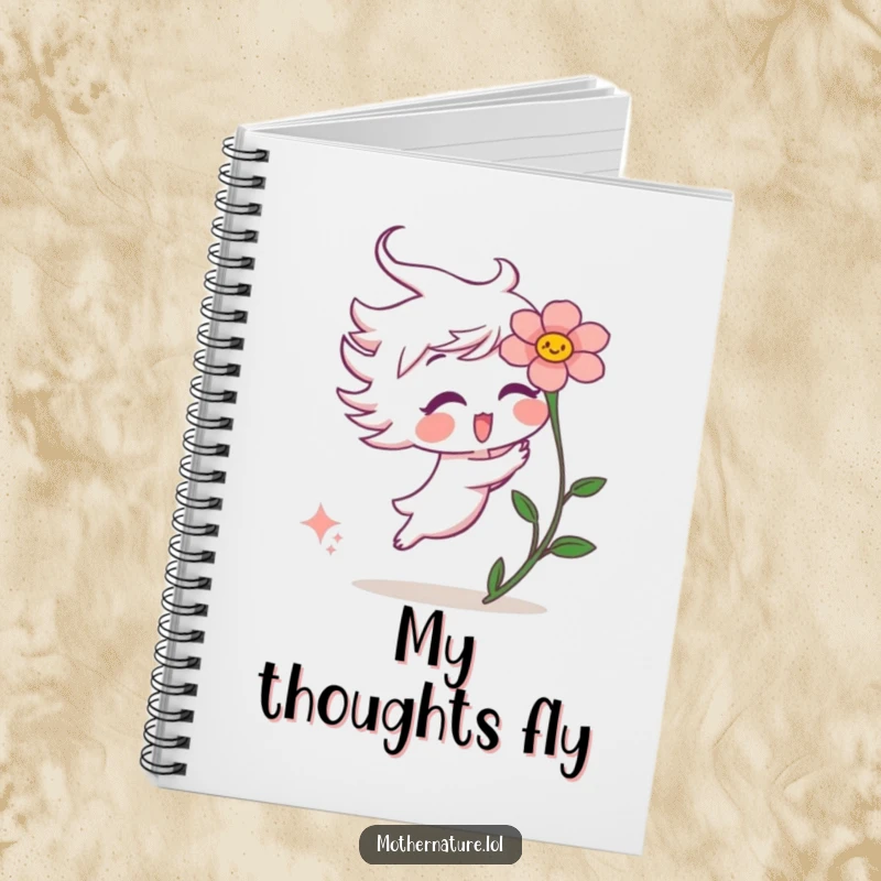Funny notebook cover depicting a playful wind gust character gently tickling a surprised flower, ideal for capturing creative thoughts.
