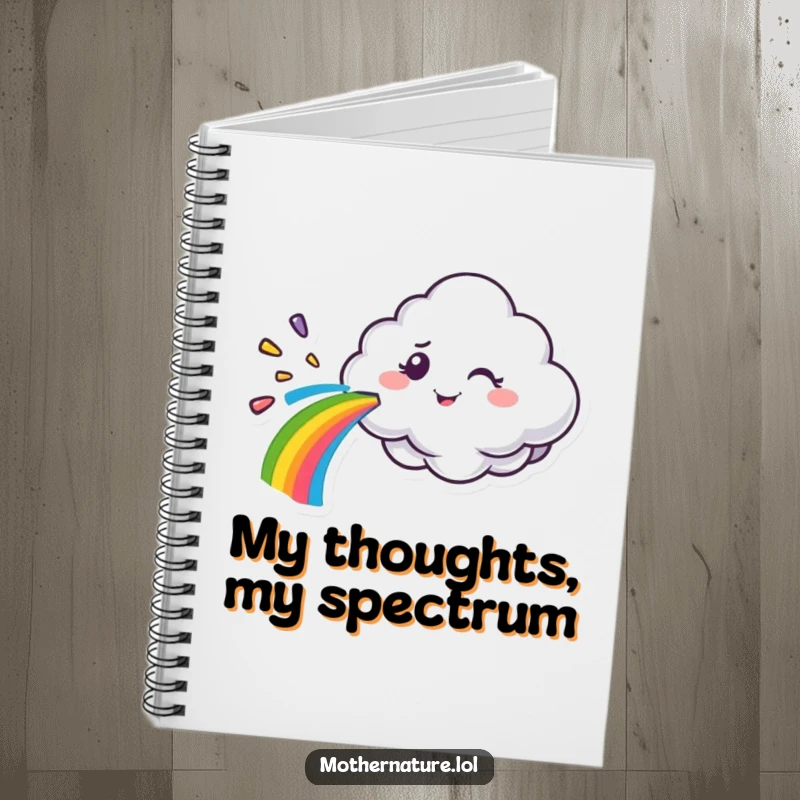 Funny cloud character notebook, spraying a rainbow with a mischievous wink, ideal for writing, journaling, and creative notes.
