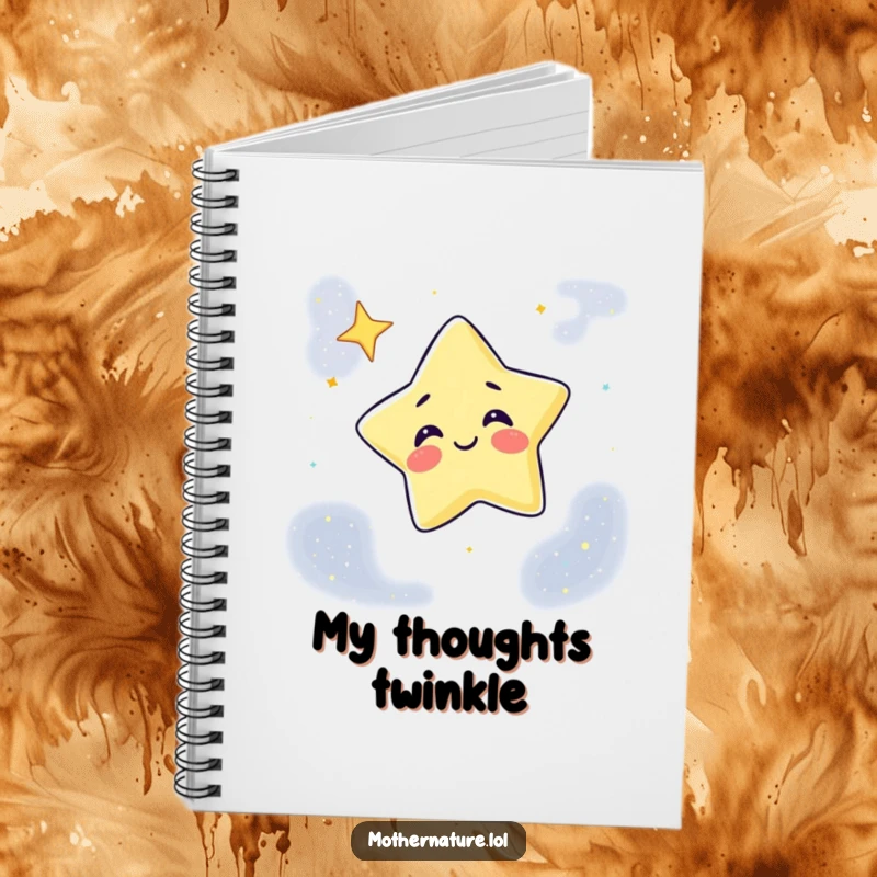 Funny Notebook with a giggling star character winking from a night sky canvas on the cover, perfect for notes and doodles.