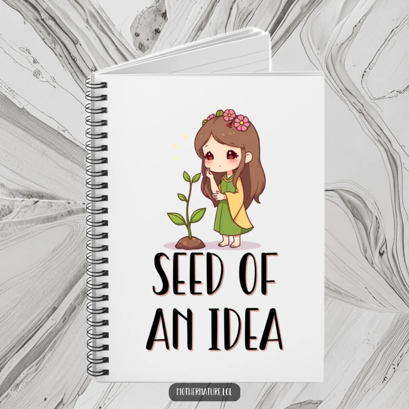 Mother Nature Notebook: Gentle character whispering encouragement to a sprout, perfect for journaling growth. Creative and inspiring gift.