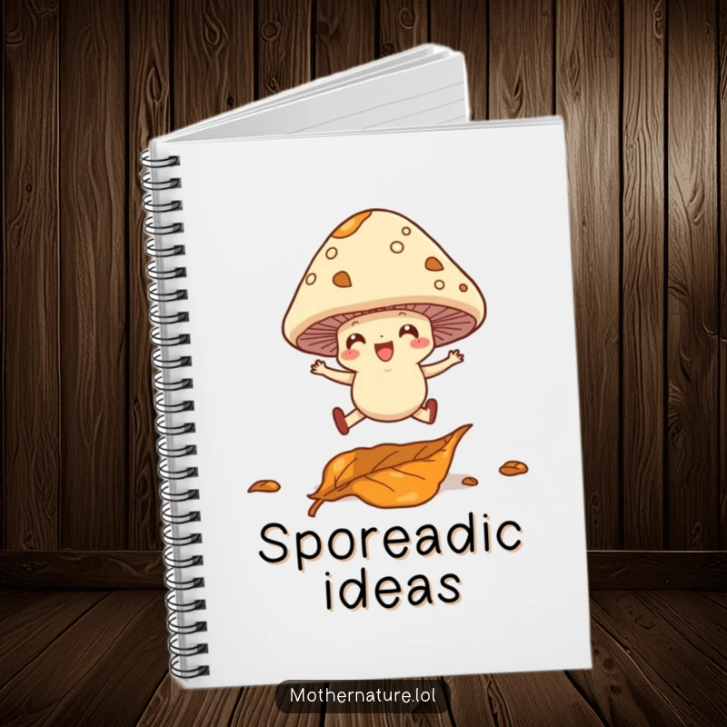 Funny notebook cover with a cheerful mushroom with legs leaping over a fallen leaf, ready to capture creative thoughts.
