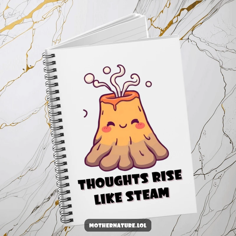 Funny smiling volcano character puffing smoke rings on the cover of a notebook, perfect for calm writing.