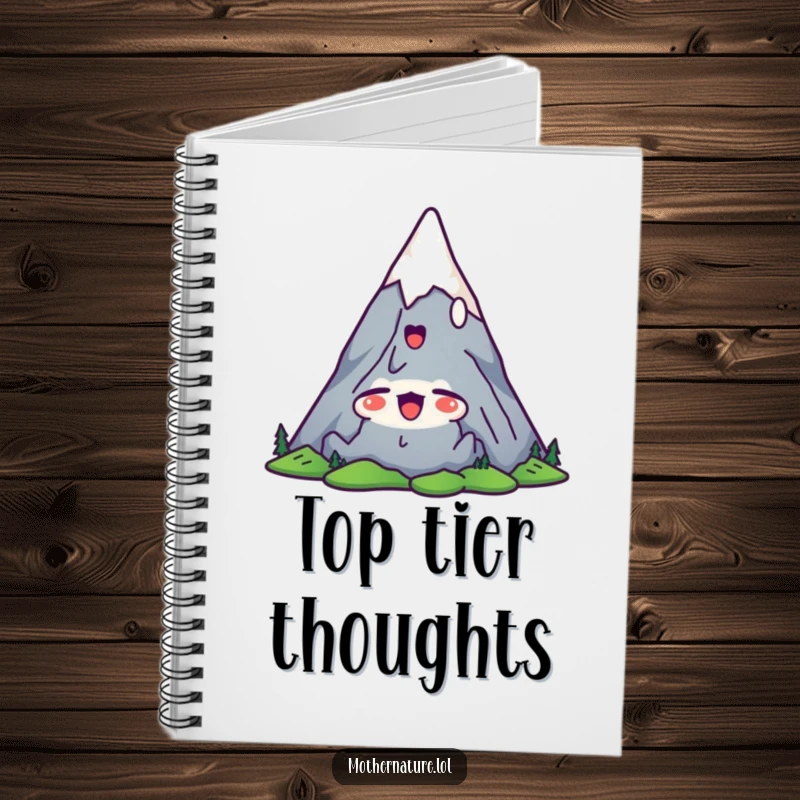 Funny mountain notebook with a cute character stretching its peaks upwards with a satisfied yawn, for jotting down relaxed thoughts.