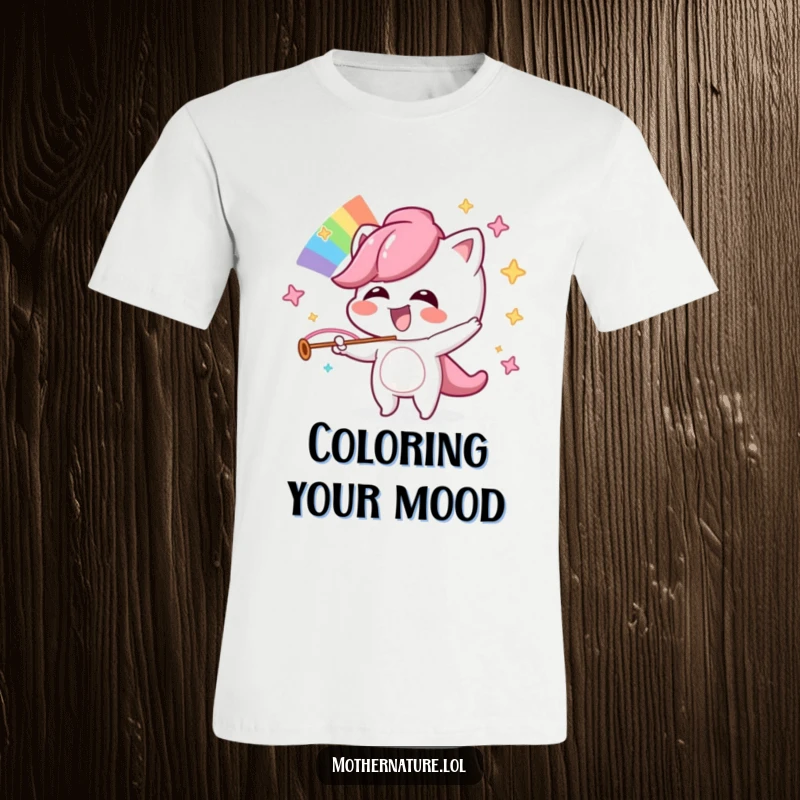 Funny t-shirt featuring a gleeful, mischievous character orchestrating a colorful rainbow with a giggle.