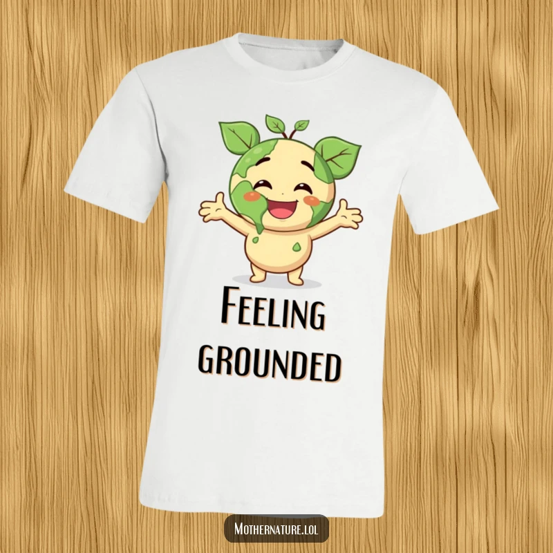 Funny t-shirt featuring a smiling Earth character with outstretched leafy arms, radiating joyous surprise and love for nature, a great funny gift.