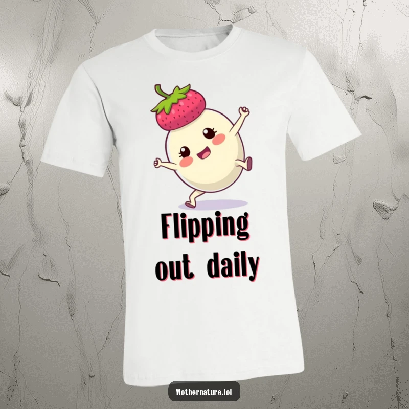 Funny t-shirt featuring a determined plump berry executing a dynamic cartwheel, bursting with energy and a funny, focused expression.