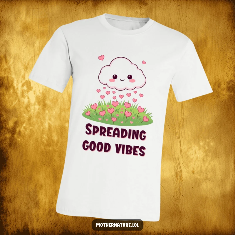 Funny T-shirt with a cloud character showering a meadow with tiny hearts, a symbol of love and joy.