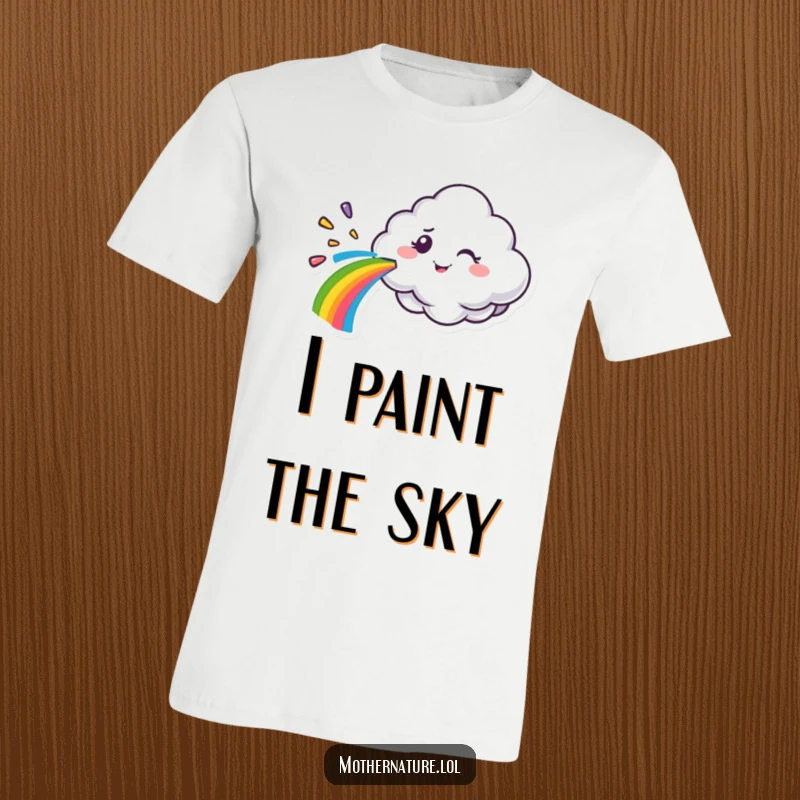 Funny cloud character t-shirt, spraying a rainbow with a mischievous wink, a playful and vibrant apparel choice.