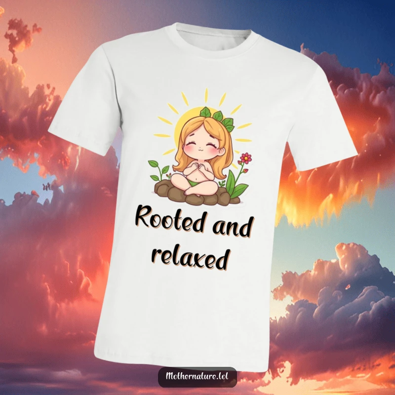 Funny t-shirt of Mother Nature contentedly sunbathing with plants growing around her, radiating a sense of calm and growth.