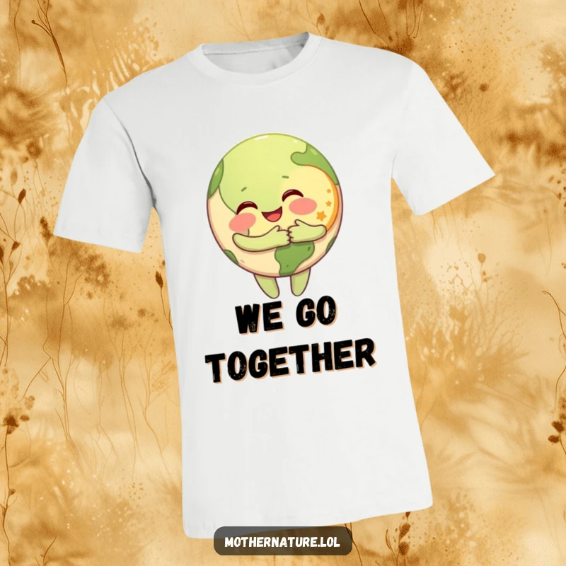 Funny T-Shirt depicting a happy Earth character embracing a small, grinning Moon character in a sweet, cosmic hug.