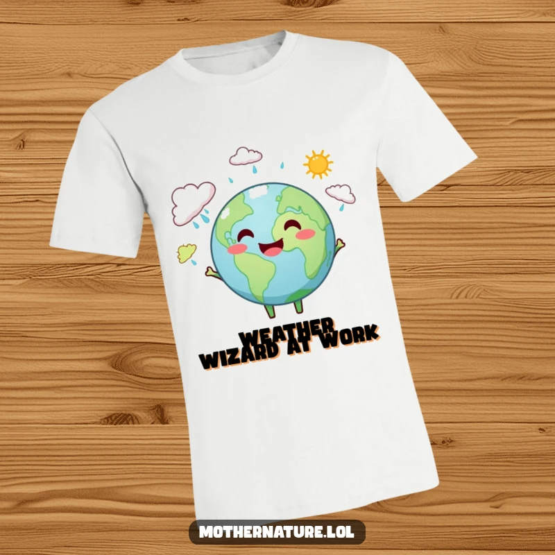 Funny Earth t-shirt featuring a cheerful Earth character juggling miniature rain clouds and vibrant sunshine, symbolizing weather.
