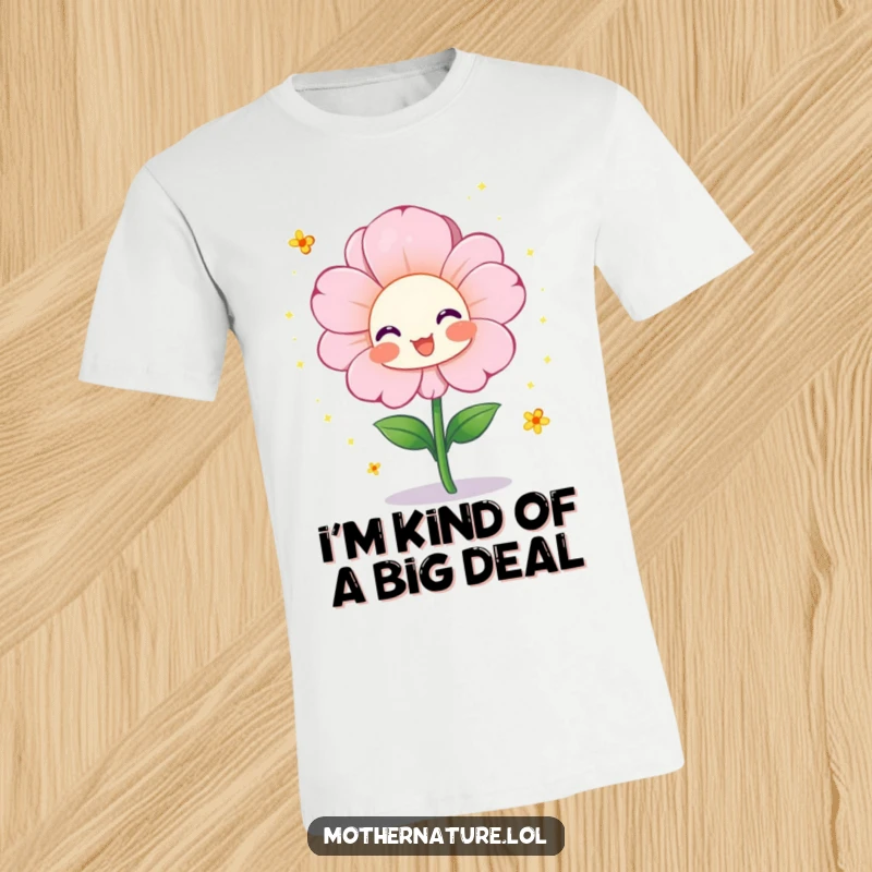 Funny t-shirt showcasing a cheerful flower character in full bloom, showering tiny pollen sparkles, promoting positivity and laughter.