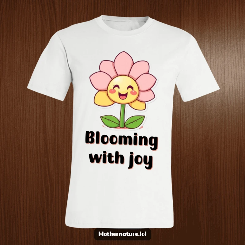 Funny Giggling Flower T-Shirt showing a cheerful character unfurling petals to reveal a happy smiley face, symbolizing pure joy.