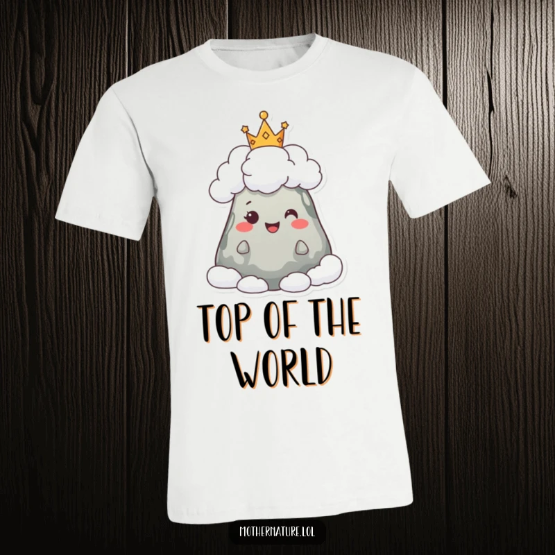 Funny t-shirt showing a joyful mountain character adorned with a fluffy crown of clouds, radiating serene happiness.