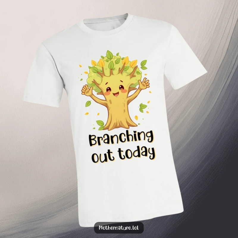Funny Happy Tree T-Shirt featuring a joyful character waving its branches, with leaves fluttering around, perfect for nature lovers.