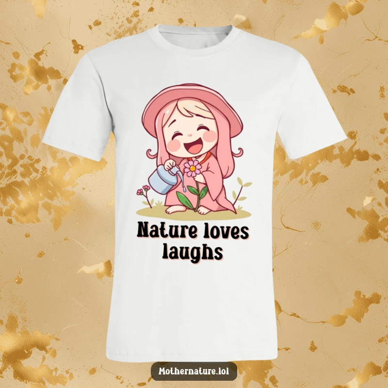 Funny t-shirt graphic of Mother Nature laughing while watering a tiny, giggling flower, showing nature's happy cycle.