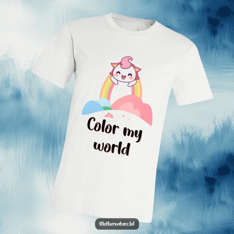 Funny T-Shirt featuring a playful rainbow character extending over a landscape that appears to be laughing with delight.