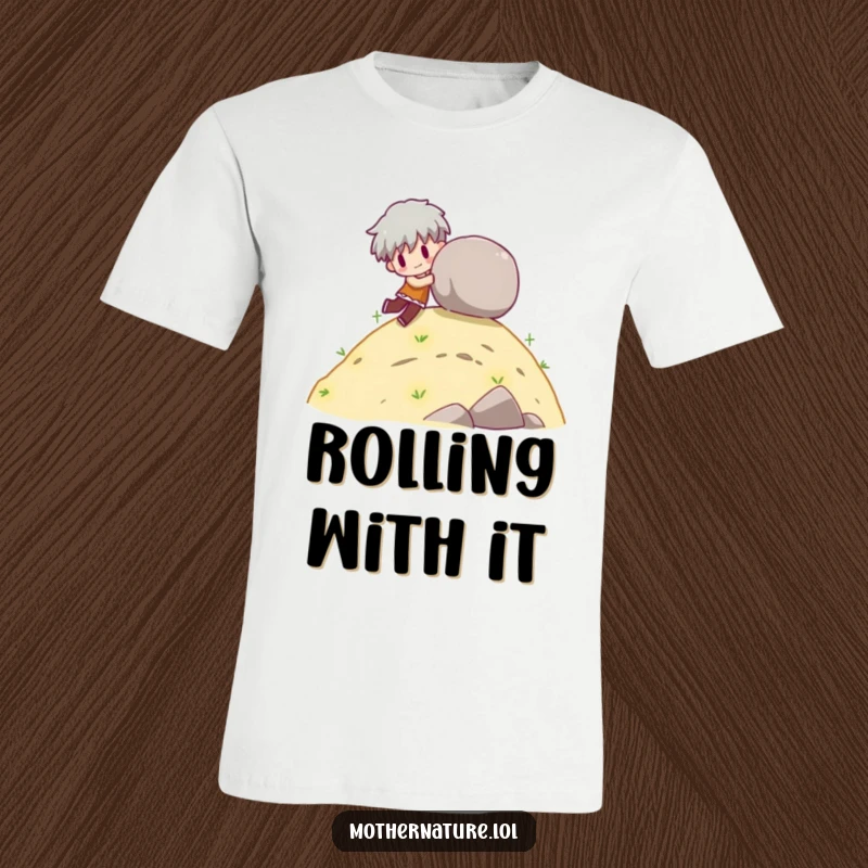 Funny t-shirt depicting a character playfully pushing a large boulder down a gentle slope.