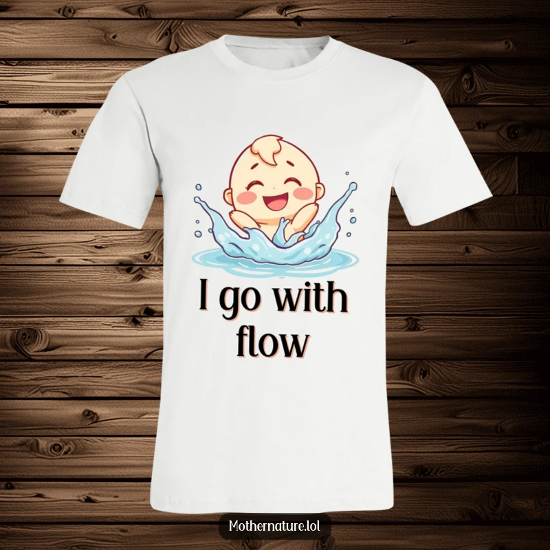 Funny smiling river character t-shirt, playfully splashing with a delighted expression, a fun and flowing apparel choice.