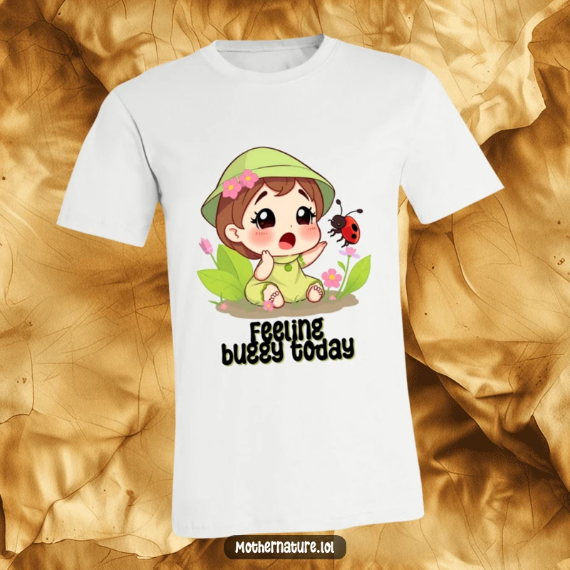 Funny t-shirt with Mother Nature reacting with surprise to a friendly ladybug tickling her, highlighting a moment of unexpected joy.