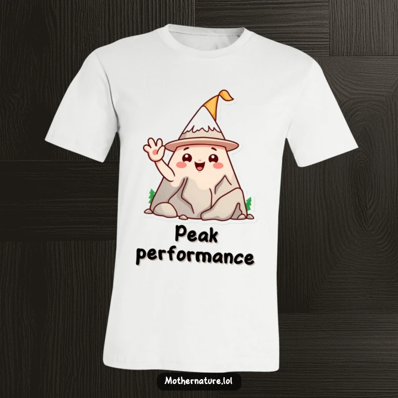 Funny mountain range character t-shirt, wearing a silly hat and waving, a playful and adventurous apparel choice.