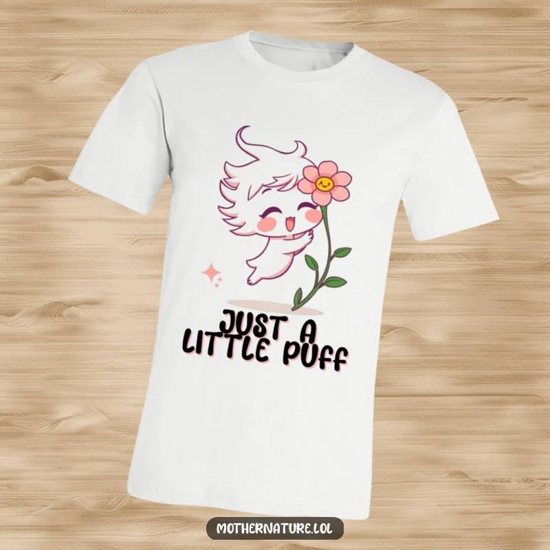 Funny t-shirt featuring a mischievous wind gust character gently tickling the petals of a wide-eyed, surprised flower.