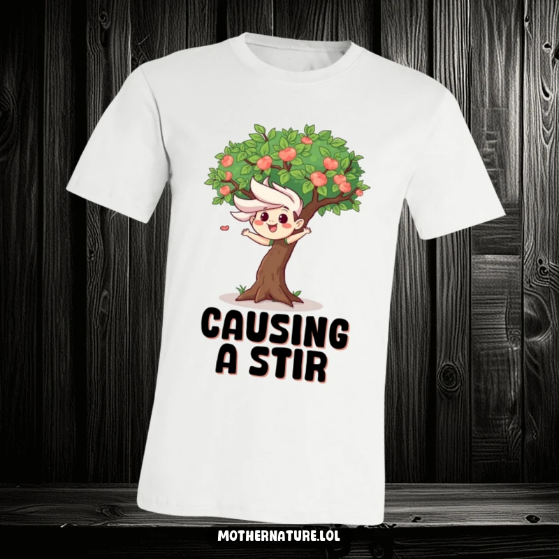 Mischievous wind gust character playfully ruffling leaves of a happy tree, printed on a t-shirt, embodying playful nature.