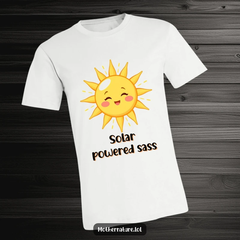 Funny sun t-shirt featuring a winking character showering golden light, radiating warmth and happiness, a cheerful and positive apparel.