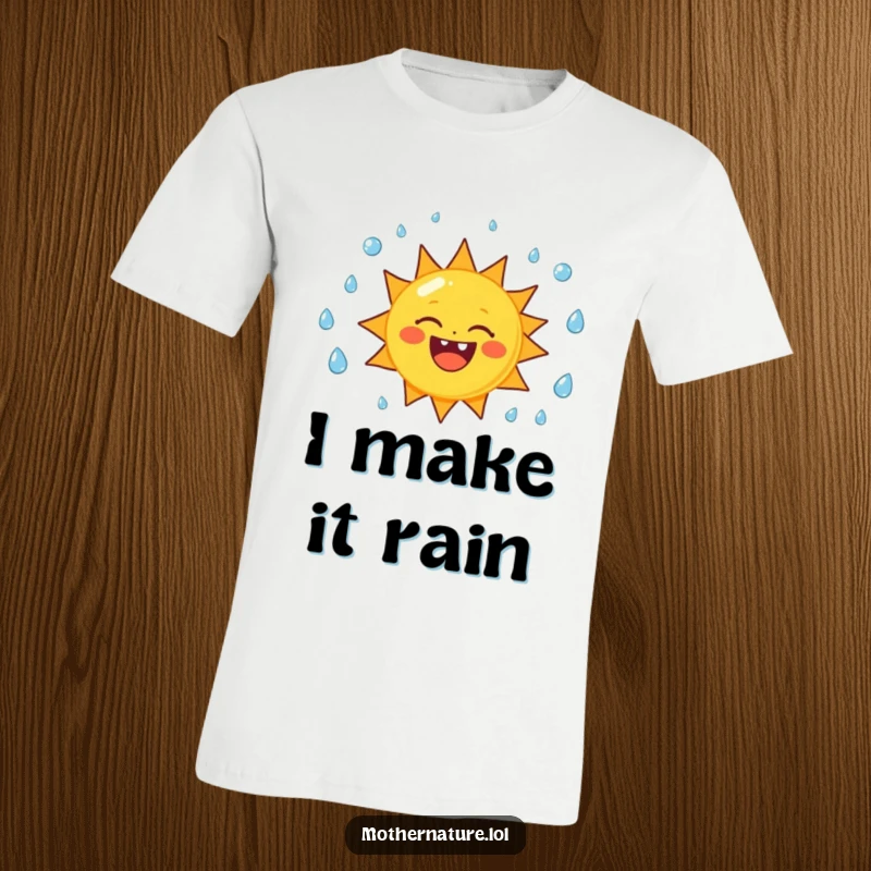 Funny sun character t-shirt, joyfully juggling raindrops with a big smile, an amusing and vibrant apparel choice.