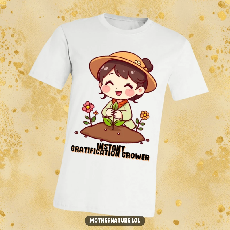 Funny Mother Nature t-shirt depicting a cheerful character planting a seed that immediately sprouts into beautiful flowers.