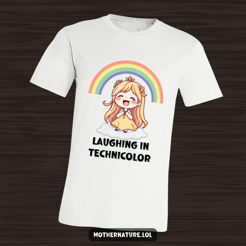 Funny Mother Nature t-shirt featuring a laughing character with a radiant rainbow forming a perfect, cheerful circle around her.