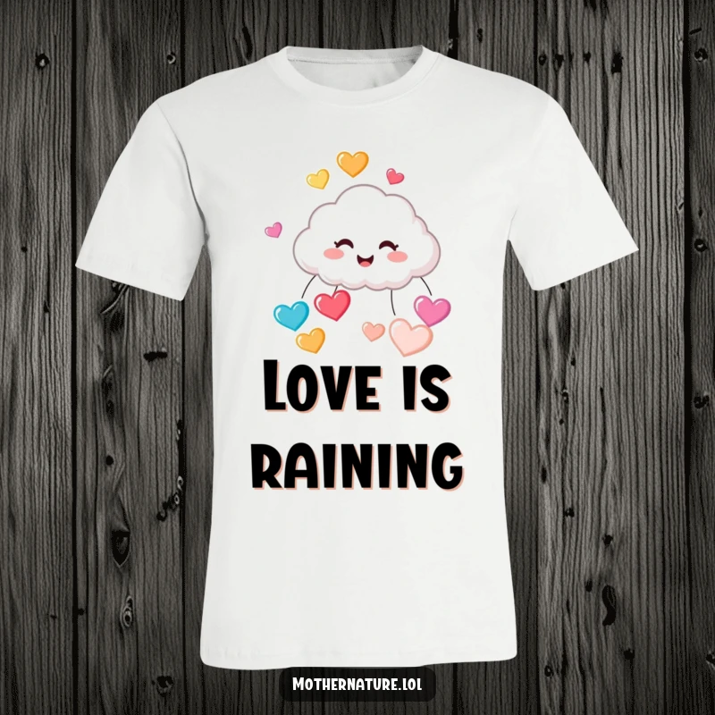 Funny t-shirt featuring a tiny, cute cloud character with a big giggle, raining down colorful, bouncing hearts with infectious glee.