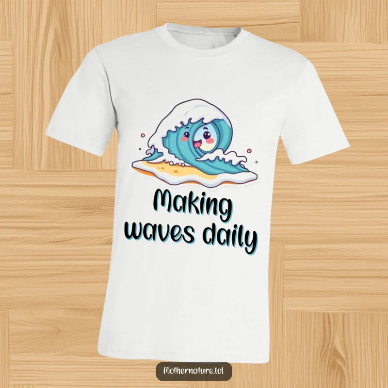 Funny Wave Character T-Shirt featuring a cute wave character playfully crashing onto a smiling beach shore with foamy water, ideal for beach lovers.