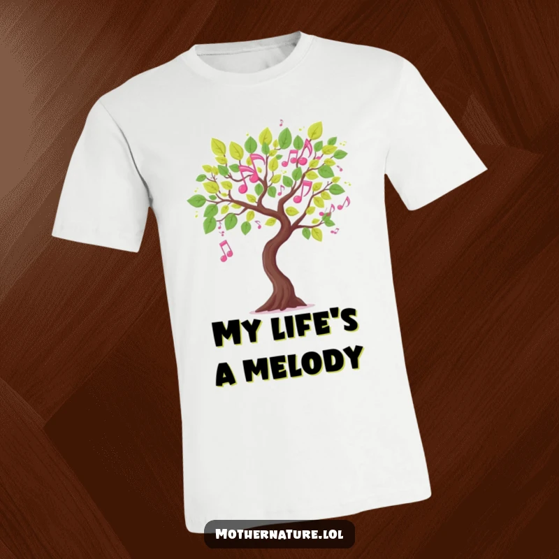 Funny musical tree branch t-shirt, leaves shaped like dancing musical notes, artistic and humorous apparel, perfect gift.
